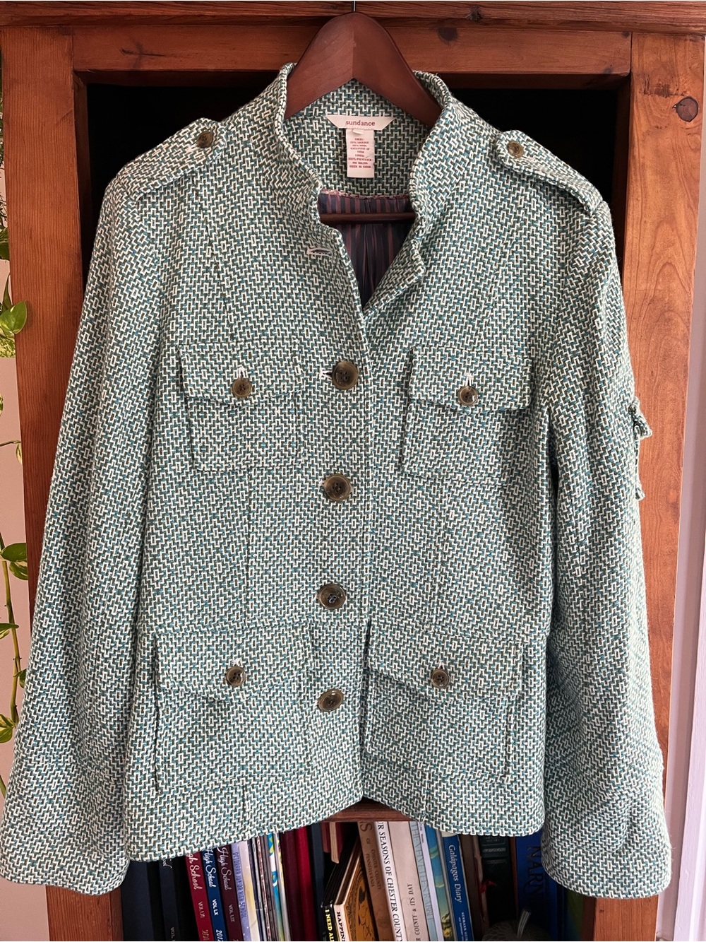 Sundance Wool Blend Geometric Woven Tweed Utility Style Blazer Jacket